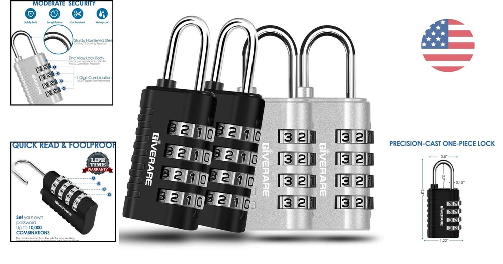 4 Pack Keyless 4-Digit Combination Lock - Lightweight, Weatherproof Padlocks