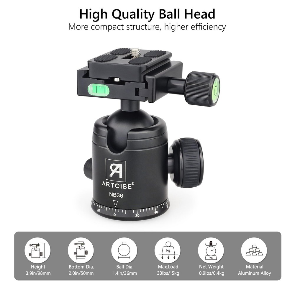 ARTCISE Tripod Ball Head Camera Mount 36mm Diameter Black