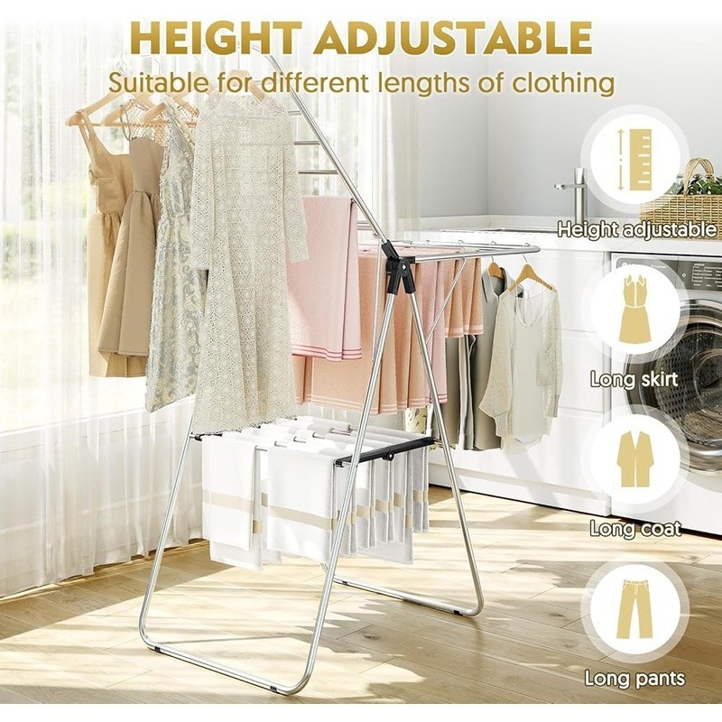Clothes Drying Rack Clothing with Height-Adjustable Foldable Gullwings Laundry