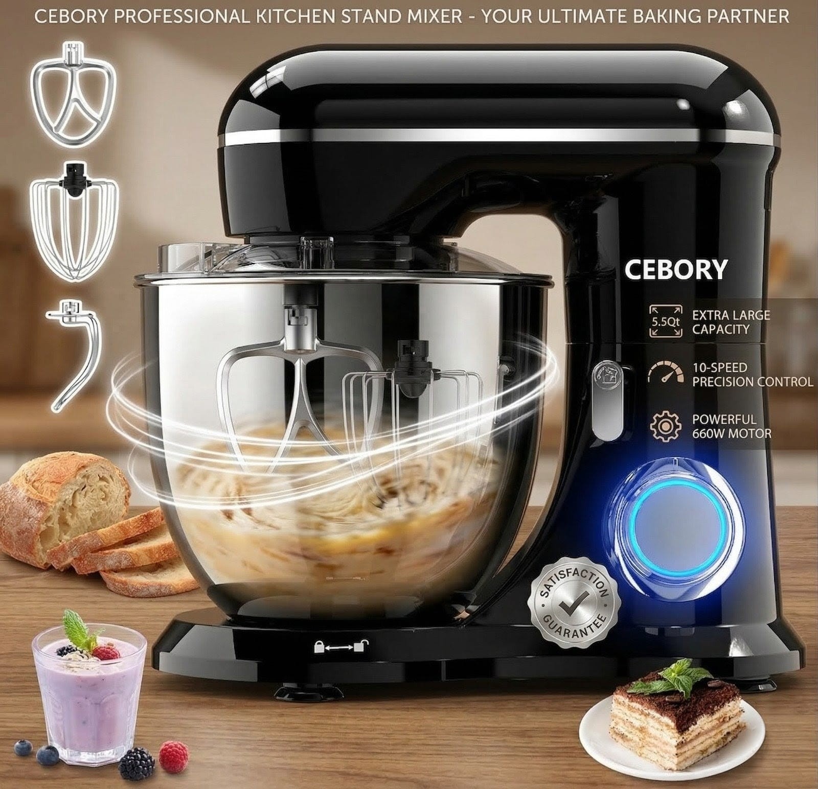 6.5QT Electric Stand Mixer 660W 10-Speed - 3-in-1 Tilt-Head Kitchen Food Mixer