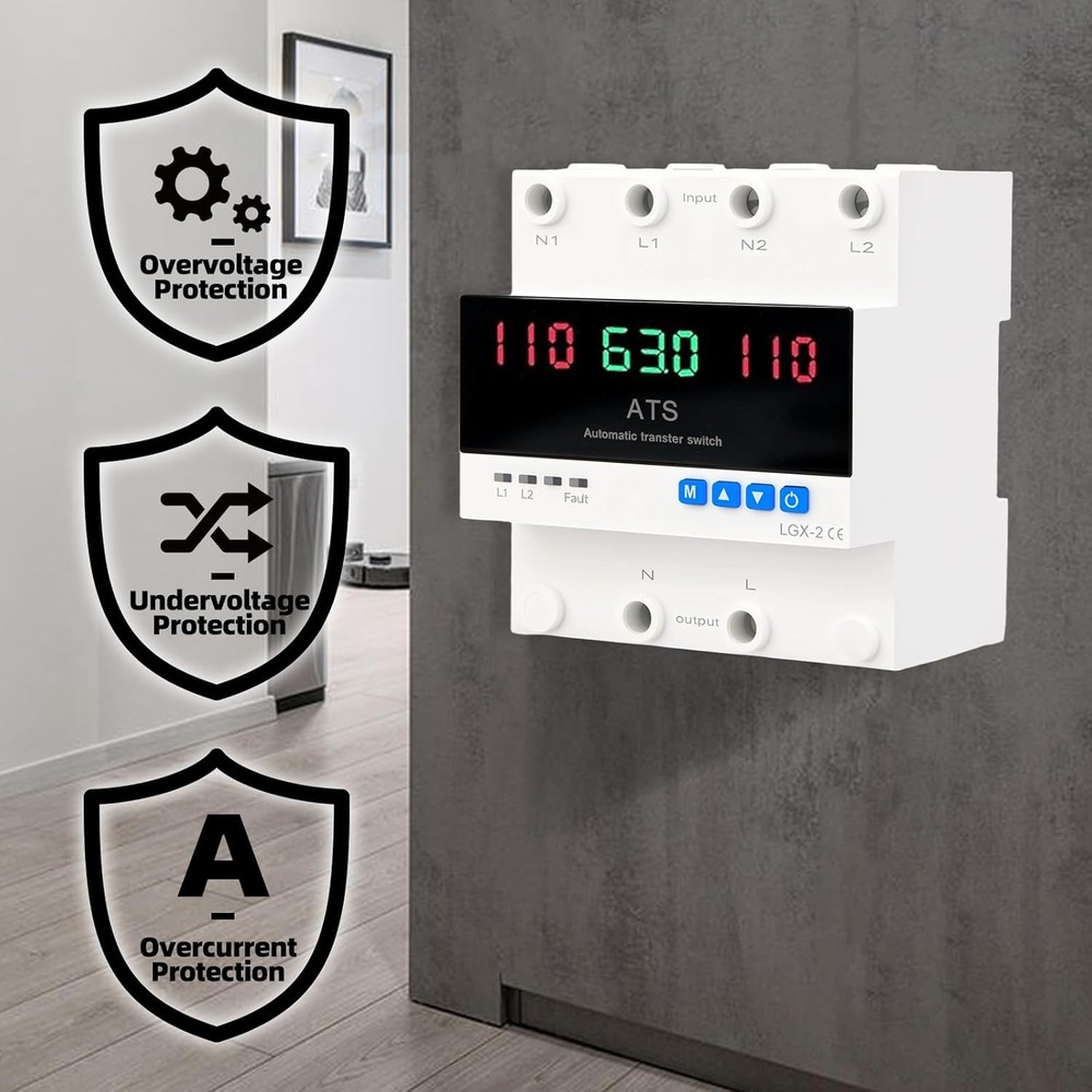 63A 2P Dual Power Automatic Transfer Switch 110V Adjustable Emergency Generator