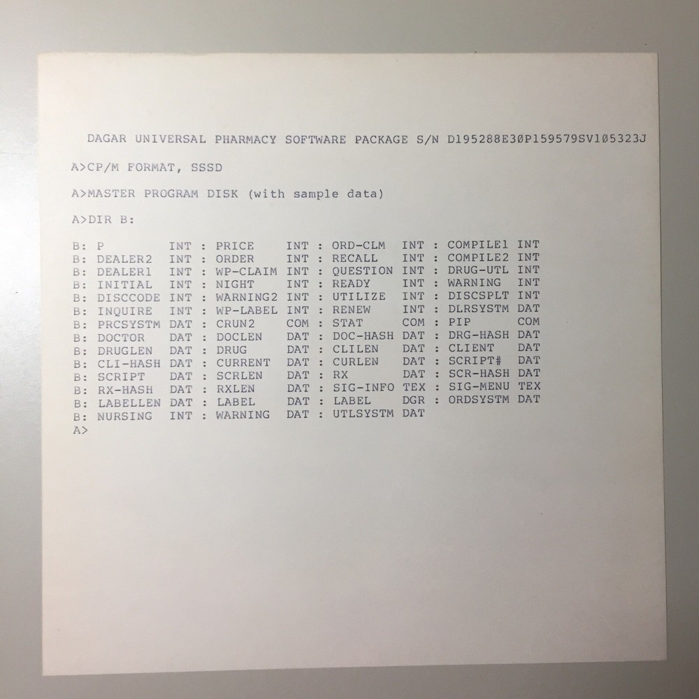 Vintage DAGAR Universal Pharmacy Software 8” Floppy Disk VHTF
