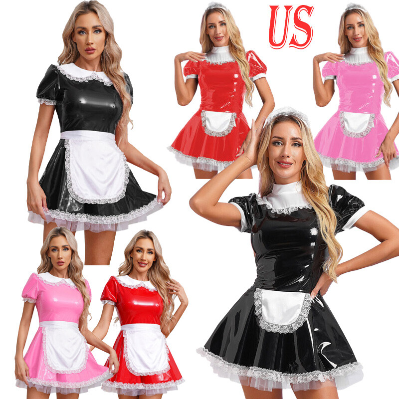US Women's Latex Maid Outfit Halloween French Maid Costume Cosplay Apron Dress