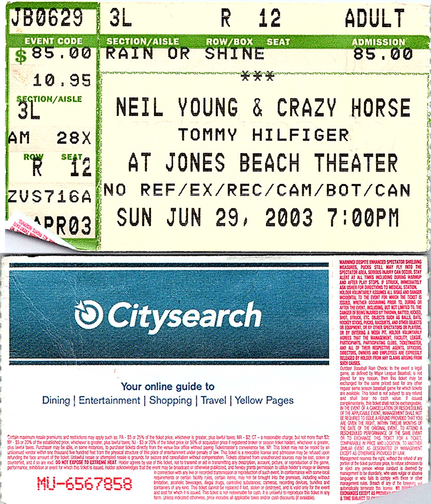 NEIL YOUNG CONCERT TICKET STUB, 6/29/2003, JONES BEACH THEATER