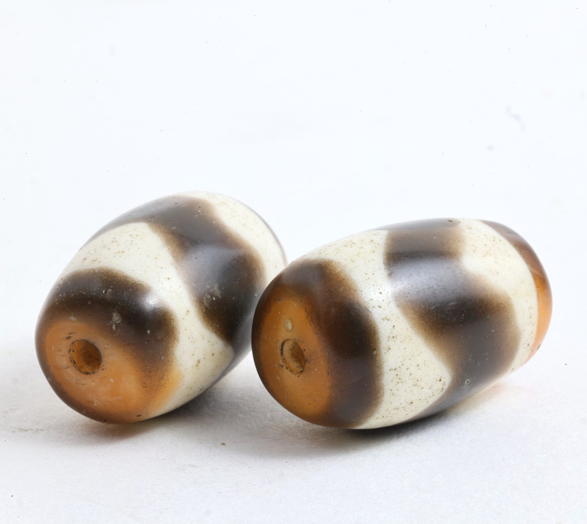 Late Qing Tibetan Glass Beads Pair – Tiger Tooth Dzi (Huya Tianzhu) Style (Z)