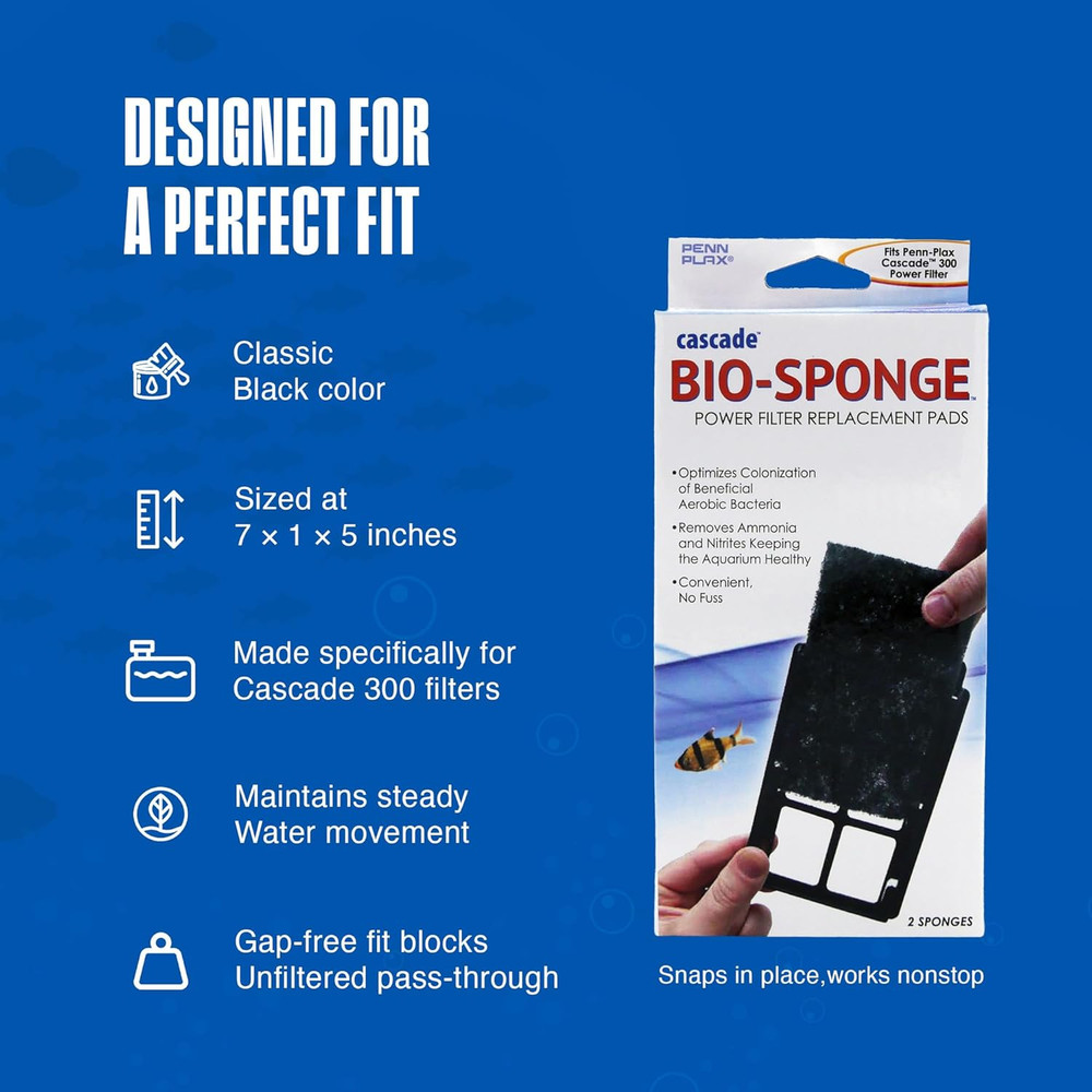 Cascade 300 GPH Hang On Filter Aquarium Bio Sponge Replacement; 2 Pac