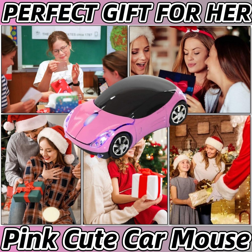 Pink Wireless Mouse，Mini Car Computer Mouse，1600DPI 2.4G Wireless with USB Re...