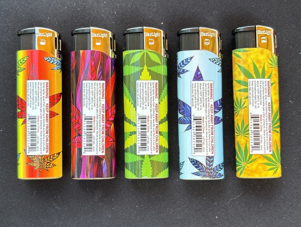 5x Assorted Refillable Weed Lighters Pot Designs & Multicolored