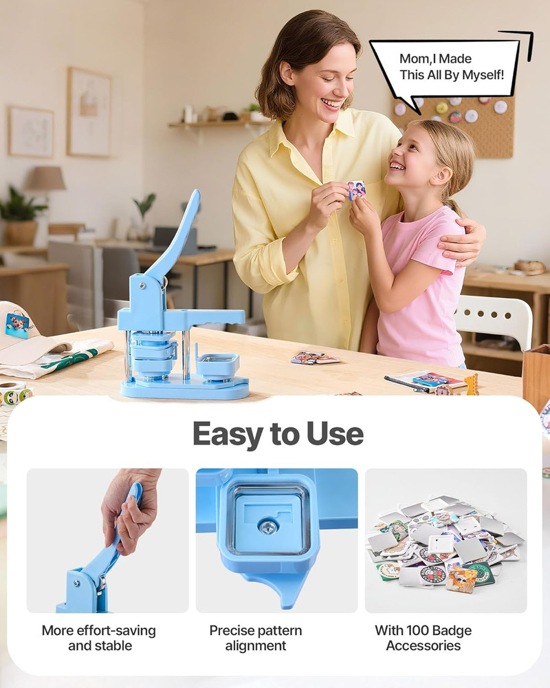 DIY Button Maker Machine - 1.97" Square, Ergonomic Handle, Blue