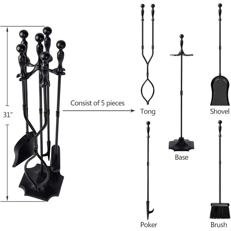 Black Wrought Iron Fireplace Tool Set 5 Piece Heavy Duty Fire Pit Tools New