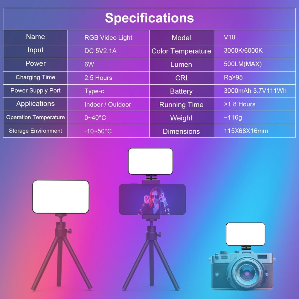RGB Video Light, Portable LED Camera Light Panel, Dimmable 3000K-6000K CRI95+...