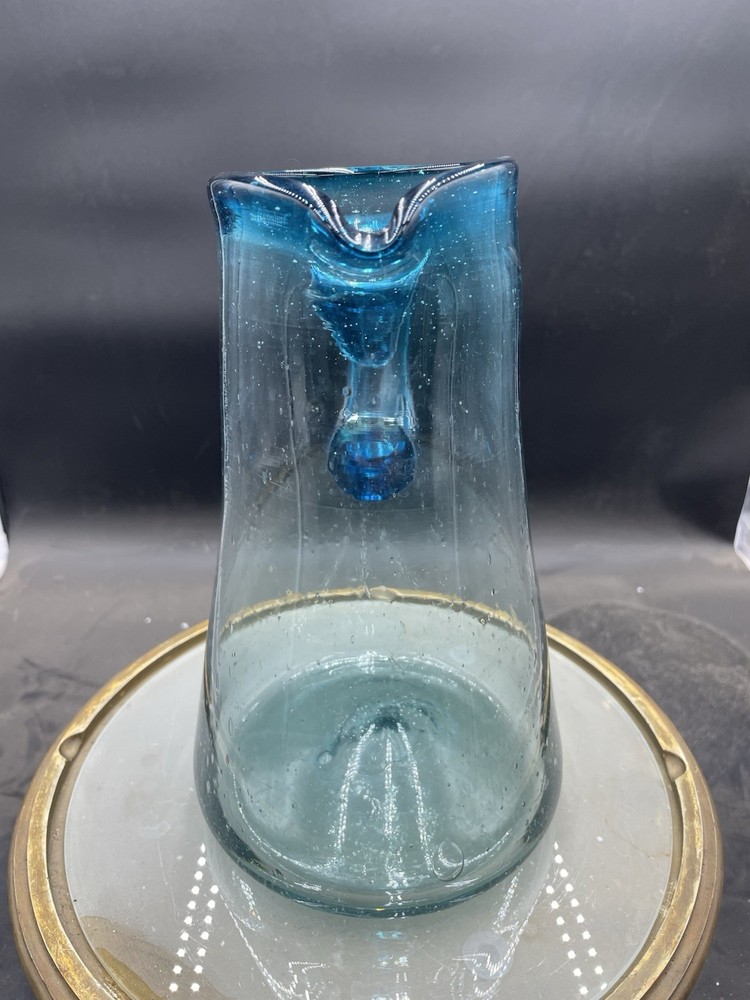 Vintage Hand Blown Blue Glass 9” Pitcher