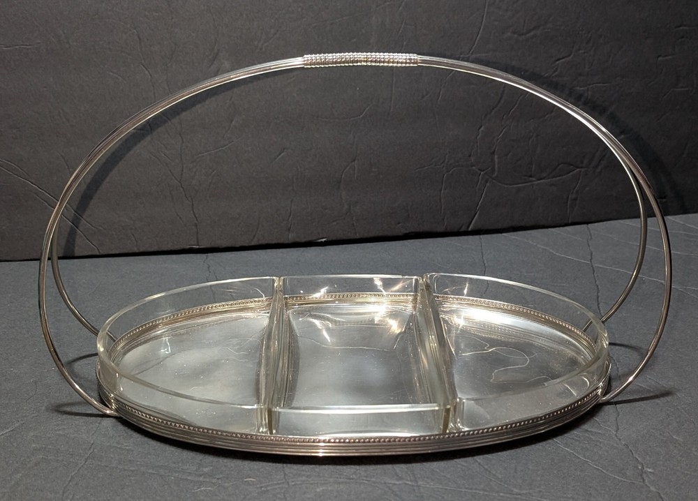 Vtg German Divided Silver Tone And Glass Inserts Relish/Nut Dish With Handle