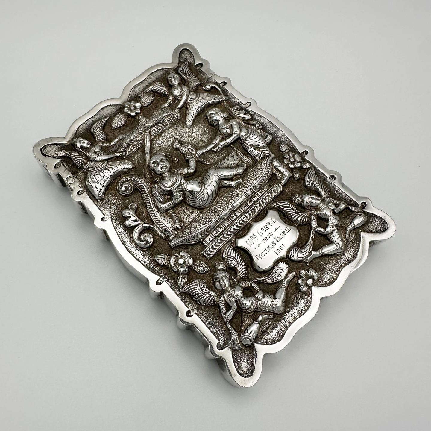 ANTIQUE INDIAN REPOUSE CARD CASE SILVER c1900 HASTINGS CHAPEL KOLKATA