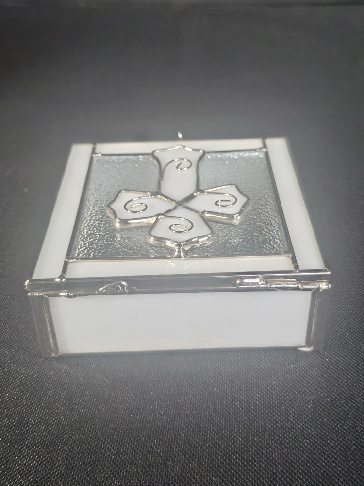 First Communion White Stained Glass Box With Cross