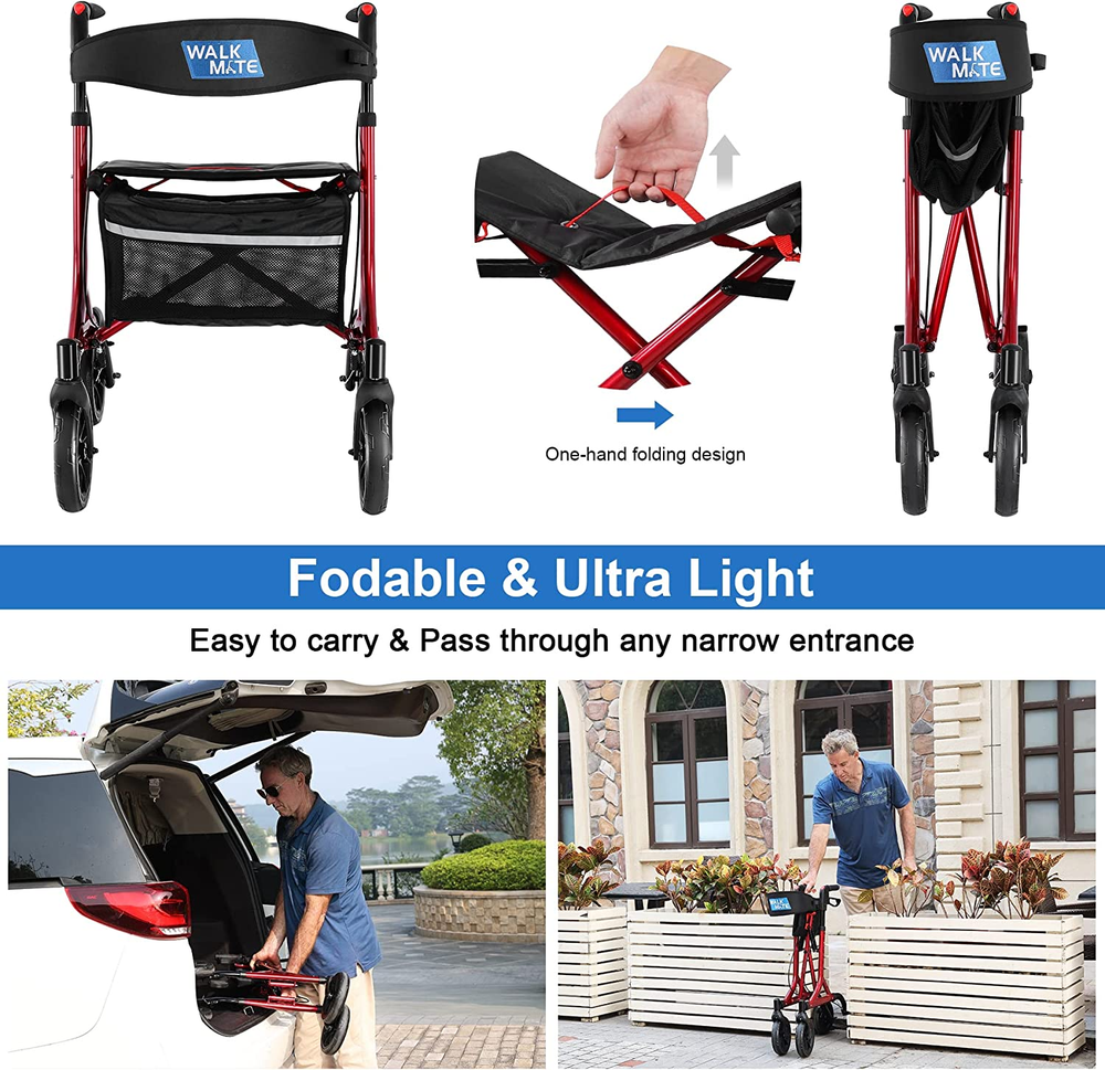 Senior Walker Lightweight Rollator Walker With Seat Back Support & Storage Bag