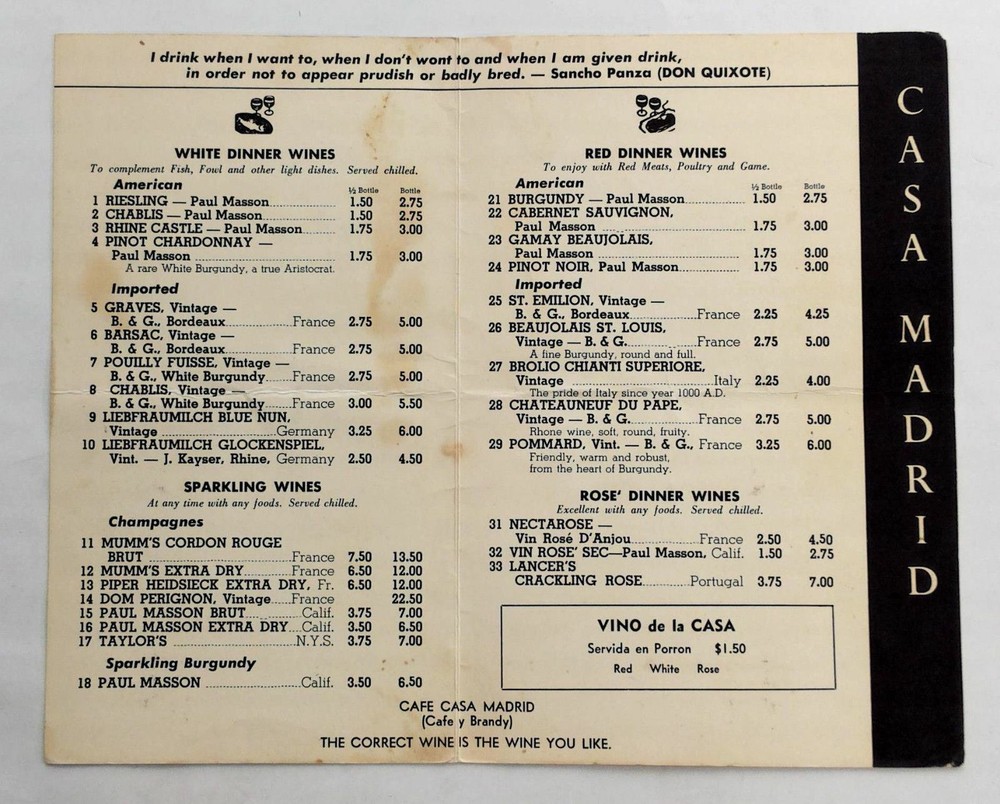 1960s Original Wine List Menu Casa Madrid Restaurant California