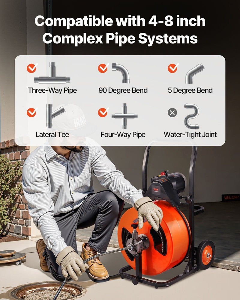 Drain Cleaning Machine: 100ft Steel Cable, Auto Feed, 4 Cutters, Foot Switch