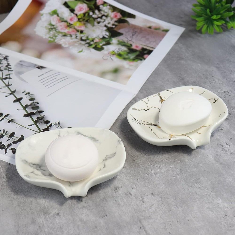 White Marble Texture Soap Dish Ceramic Holder Self Draining