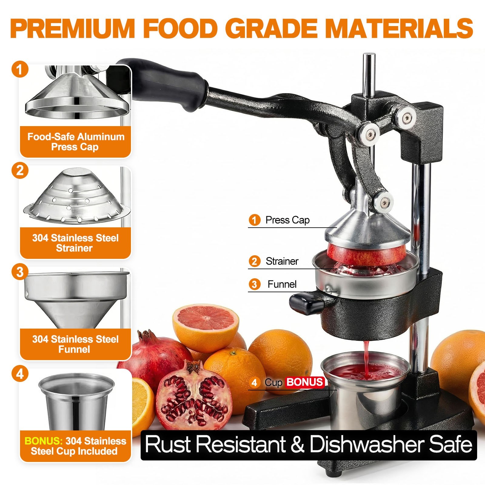 Heavy-Duty Cast Iron Orange Juicer Commercial Manual Press Citrus Squeezer