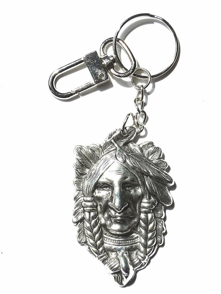 American Indian Chief Head Anodized Silver Pendant Key Chains Two Styles