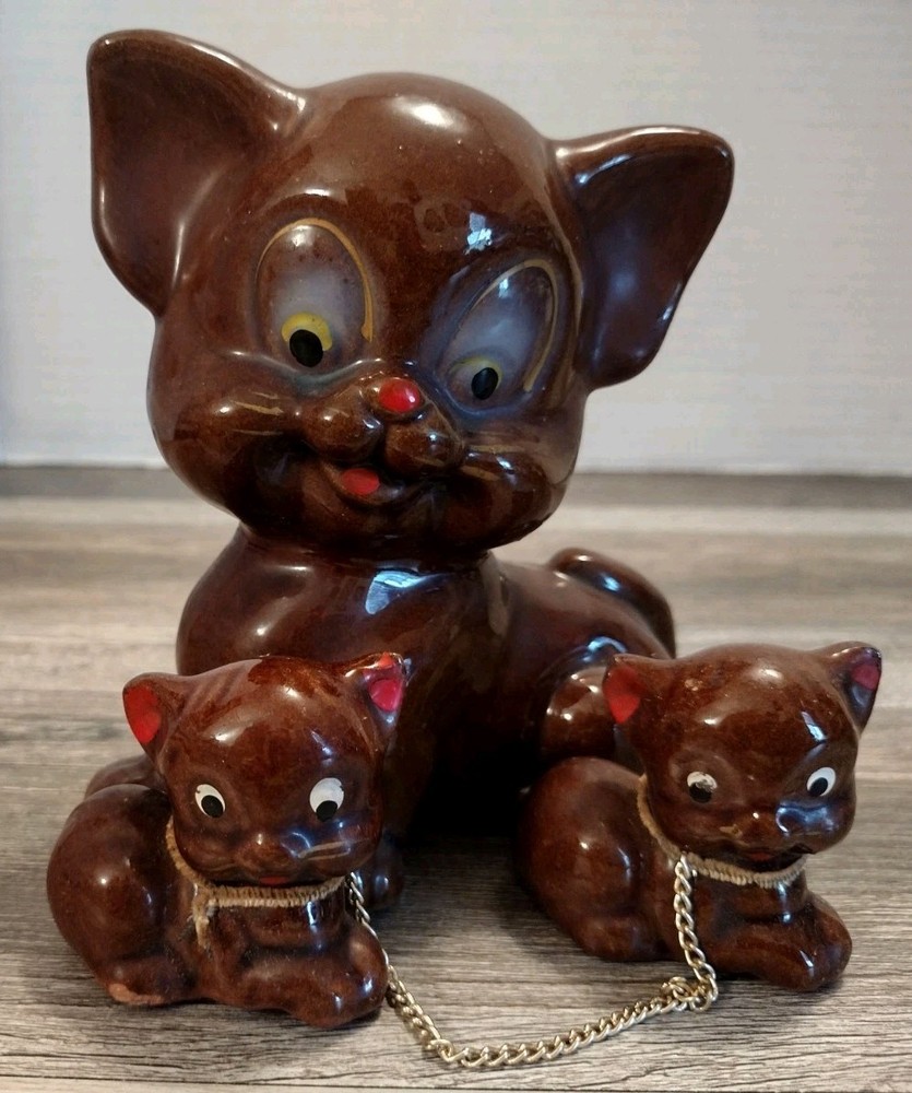 Vtg Redware Momma Cat & 2 Kittens On Chains Brown Ceramic Figurines
