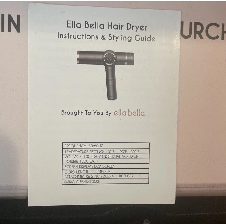 ELLA BELLA® Professional Ionic Hair Blow Dryer with Diffuser - Open Box