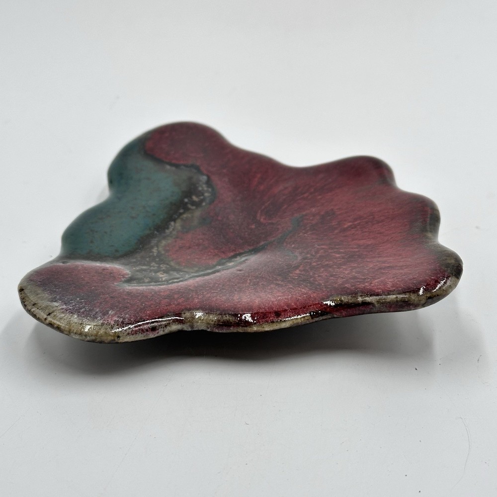 Studio Art Pottery Trinket Dish Candle Holder Red Turquoise Abstract Shape