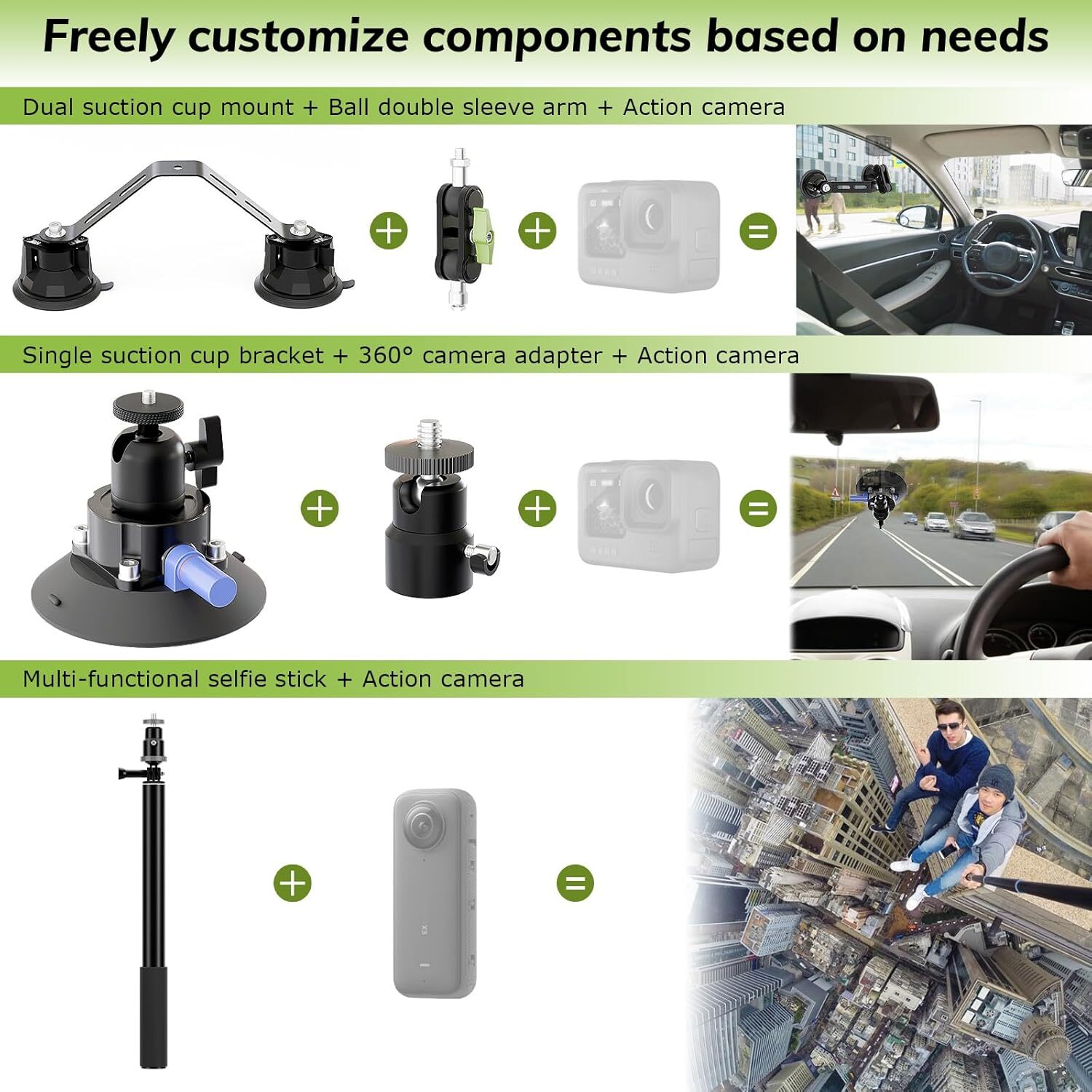 Triple Suction Cup 360 Camera Car Mount,with 2in1 Extension Pole/Selfie Stick