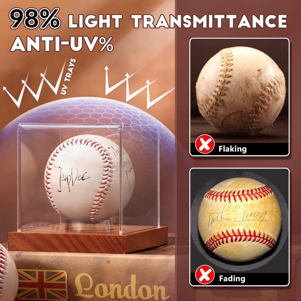 JupDec Baseball Display Case - Clear Cube Holder with 1 Pack, Brown