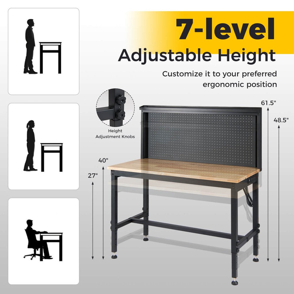 48” Adjustable Height Rubber Wood Top Work Tool Bench with Storage Shelf
