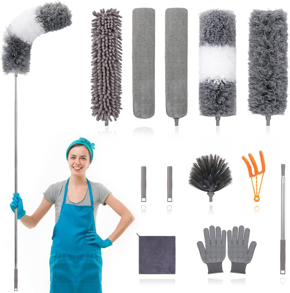 12pcs Microfiber Duster Kit Extendable Pole 30-100in Washable Bendable[1][2][3]