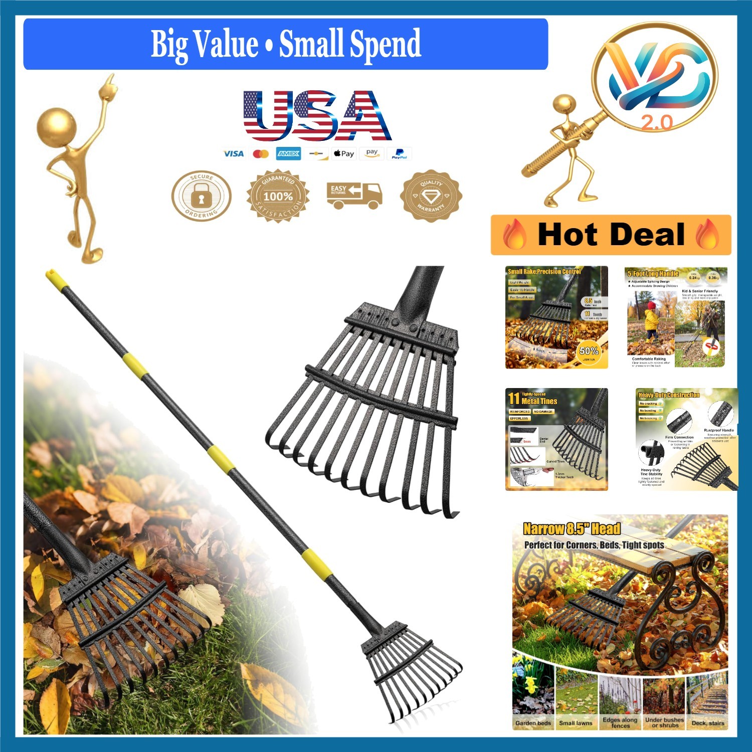 Heavy Duty Garden Leaf Rake 8.5" Wide Extendable Handle Compact Steel
