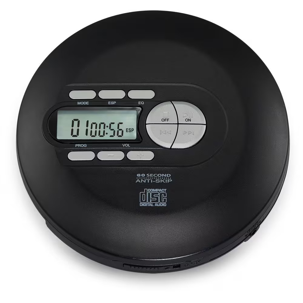 Anti-Skip CD Player with Wired Earbuds, DC Power Input and Battery Power, Equali