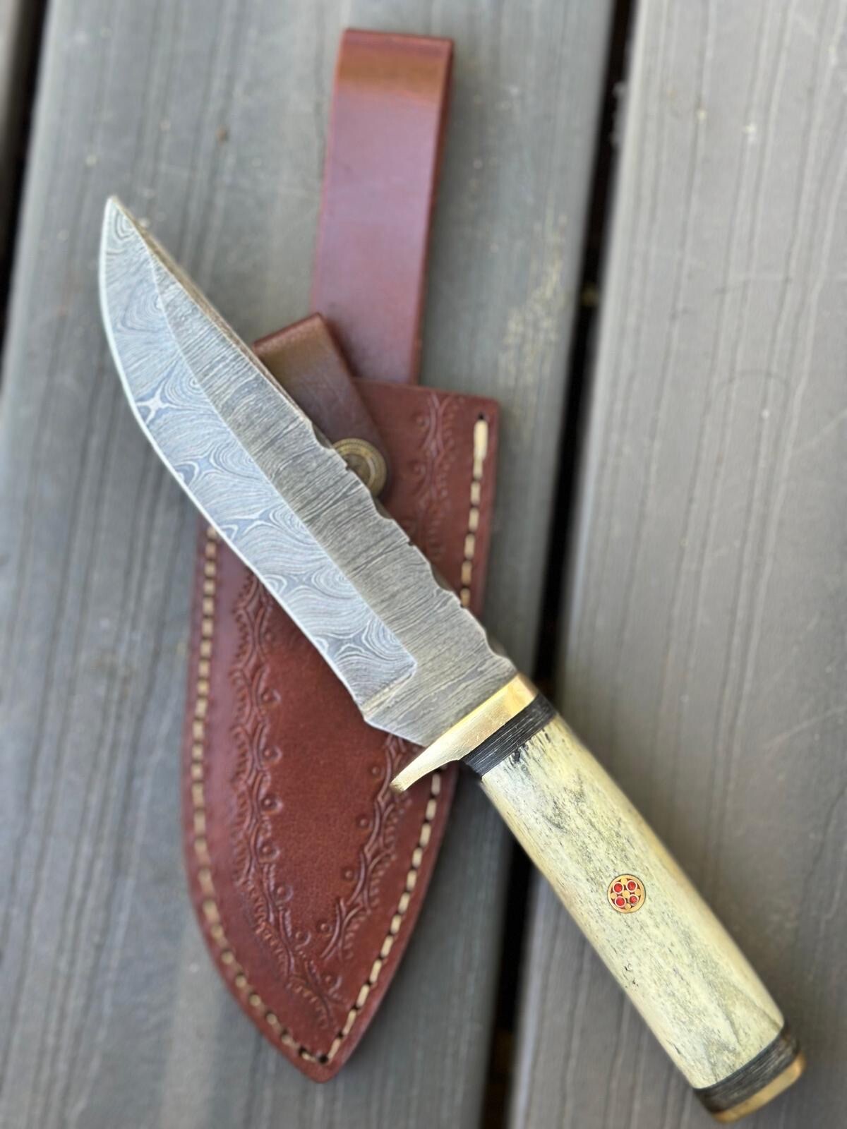 10” Bowie Knife Forged Damascus Fixed Blade Hunting Tactical Camel Bone Handle