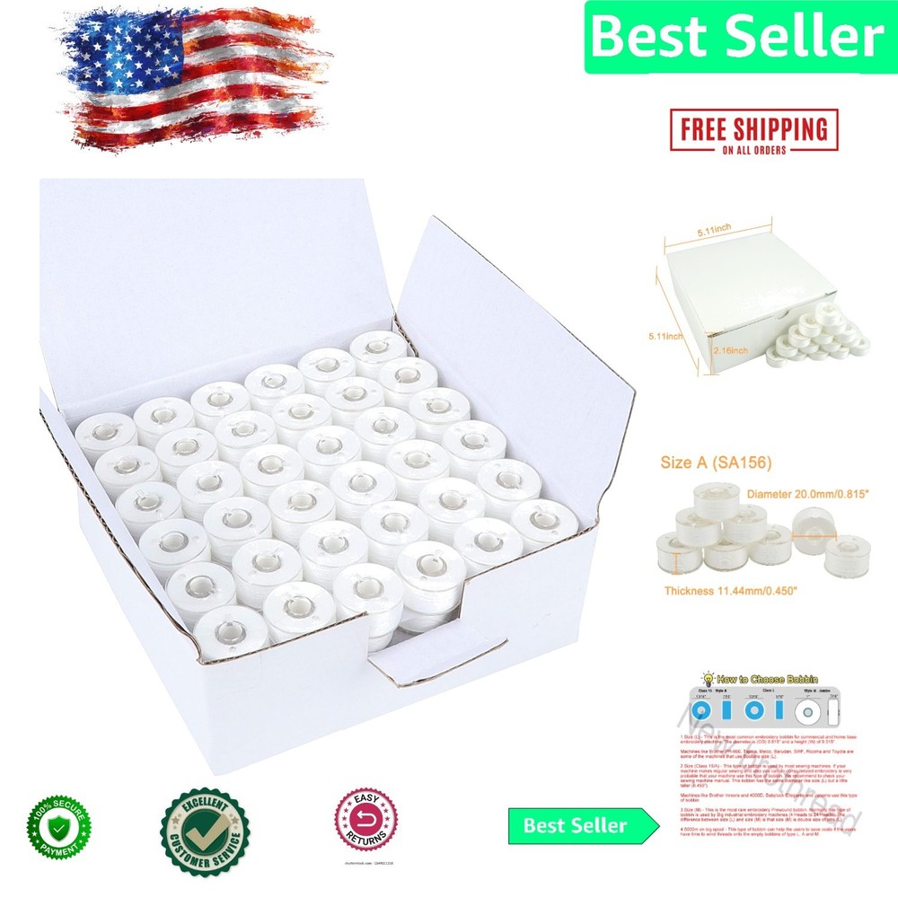 Cottonized White Prewound Bobbin Thread - 144pcs Compatible with Major Brands