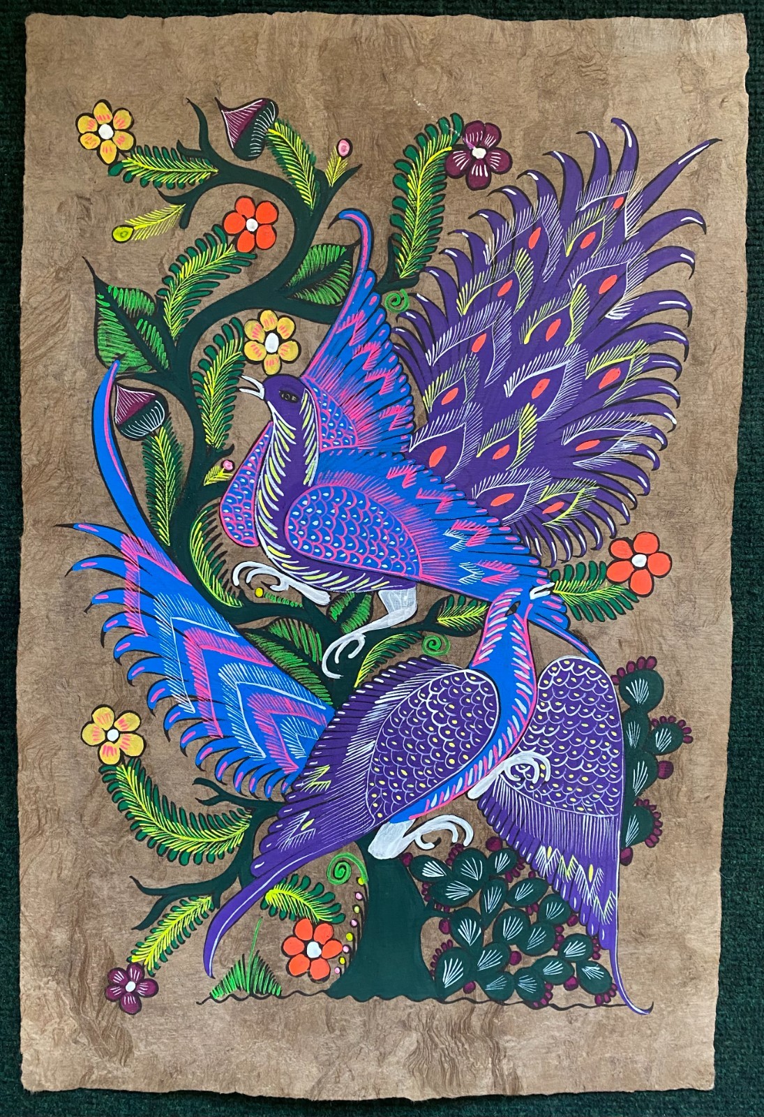 15 1/2 X 23" Mexican Folk Art Amate Bark Painting Aztec Love Bird Peacock Flower