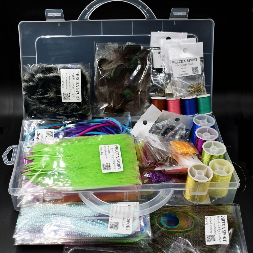 Fly Tying Starter Kit - Feathers, Fur, Thread, Crystal Flash, Hooks & Materials