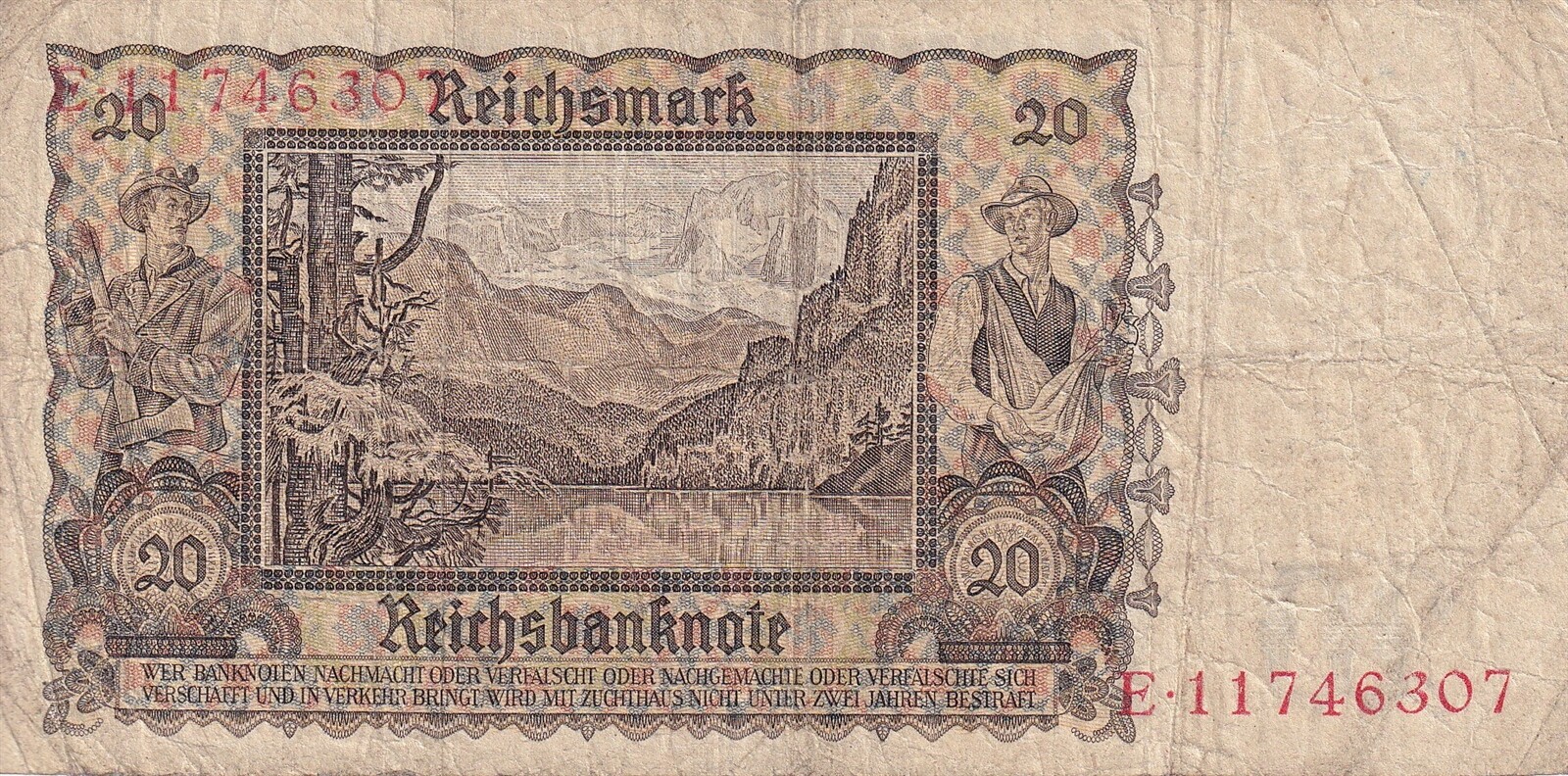 Currency Germany 1939 WW2 Fascism Reichsmark Zwanzig 20 Circulated Poor Worn