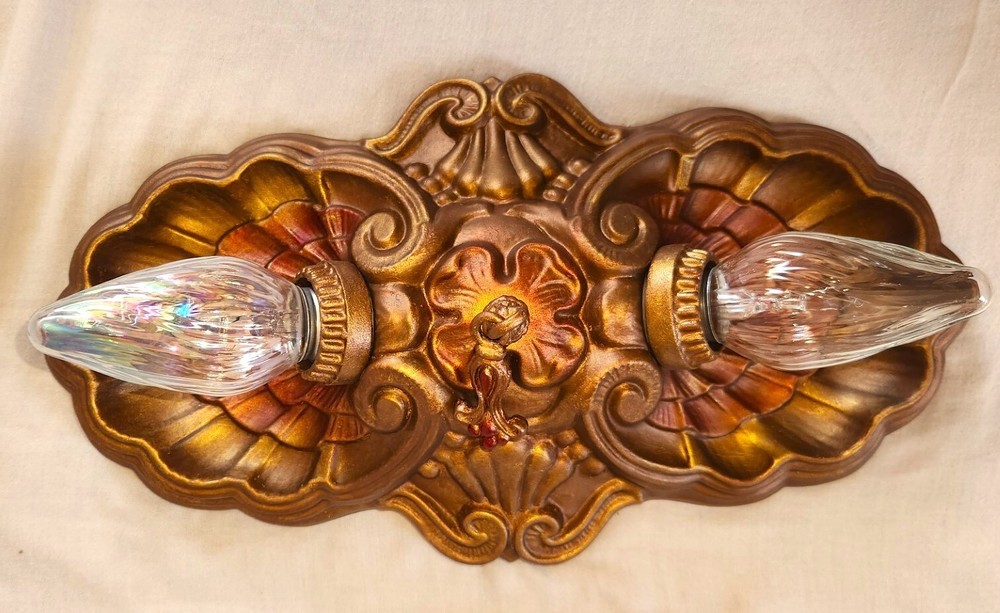 2 EA. ANTIQUE BRASS SHELL DESIGN CHANDELIERS FLUSH MOUNT CEILING FIXTURE 1930's