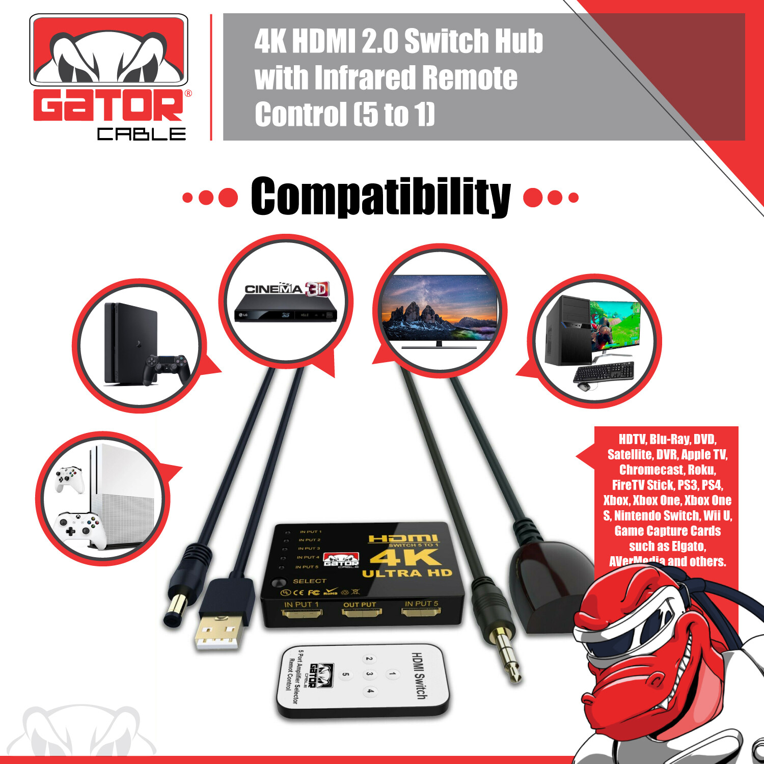 4K HDMI 2.0 Cable Splitter Switcher Box Hub IR Remote Control 5X1 Power 5 to 1