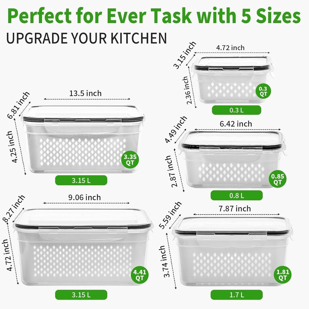 5-Pack Large Fruit Storage Containers Fridge W/ Removable Colander 2 in 1