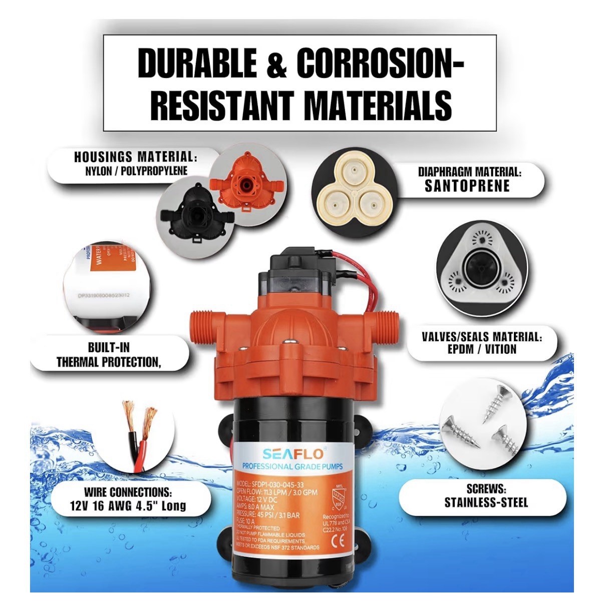 SEAFLO Water Pressure 12-V 3.0 GPM 33 Series Automatic Demand Diaphragm Pump