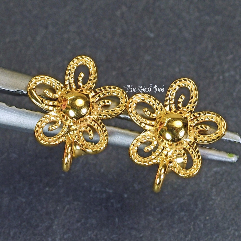 18k Solid Yellow Gold Filigree Fancy Flower Ear Posts With Backs PAIR