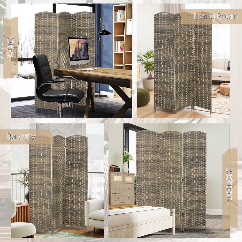 3 Panel Room Divider Hand-Woven Freestanding Partition Brown