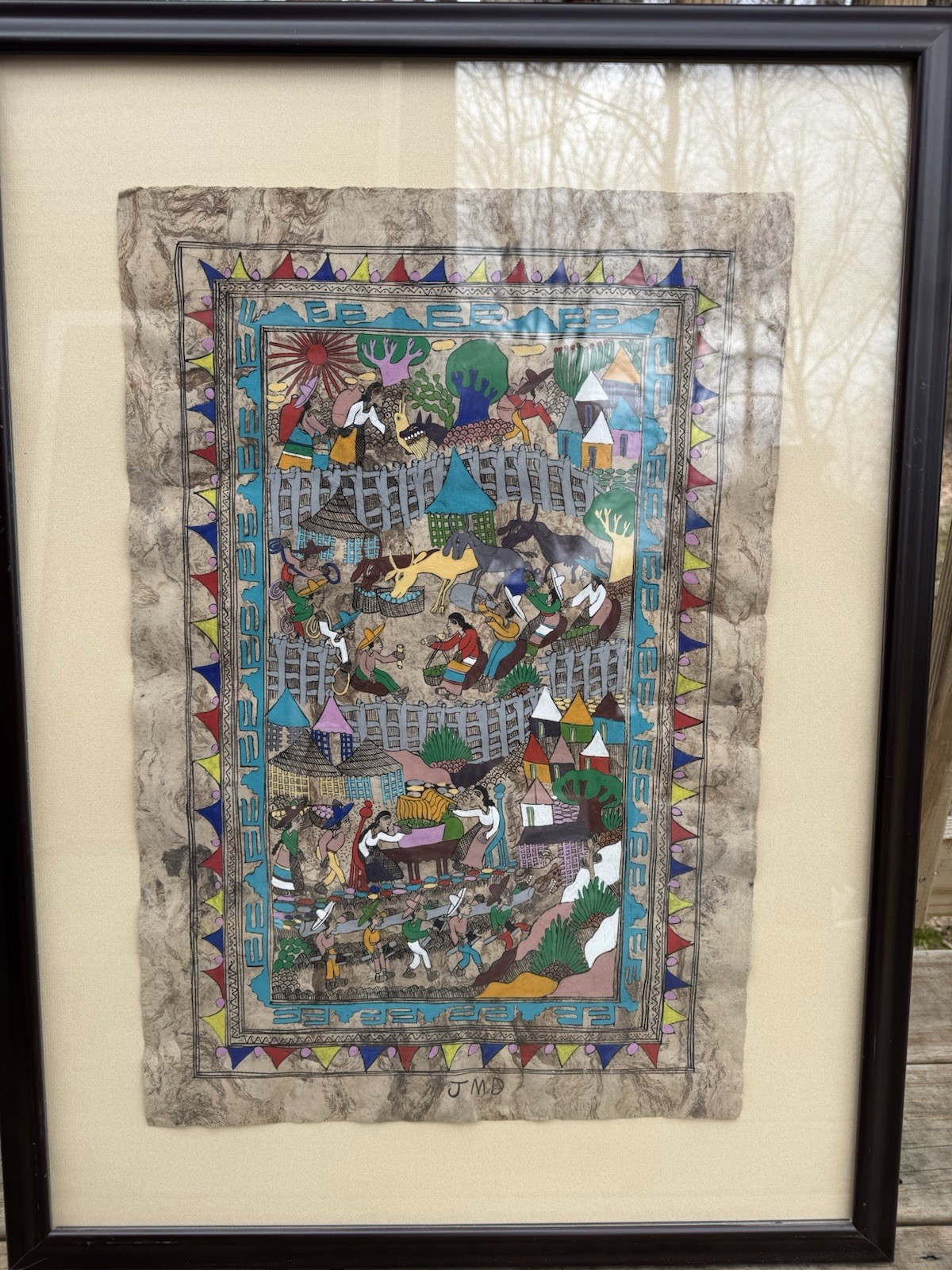 3 large Framed Mexican Folk Art On Bark Paper Hand Painted JMZ