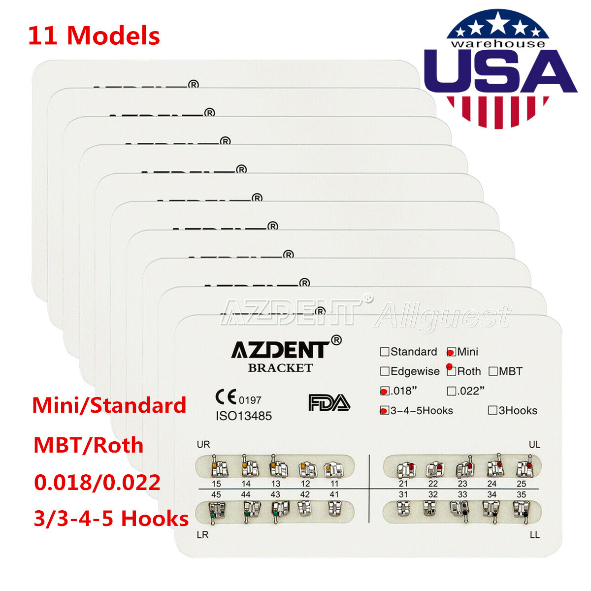 AZDENT Dental Ortho Metal Brackets Mini/Standard Roth/MBT 018/022 Hooks 3/3-4-5