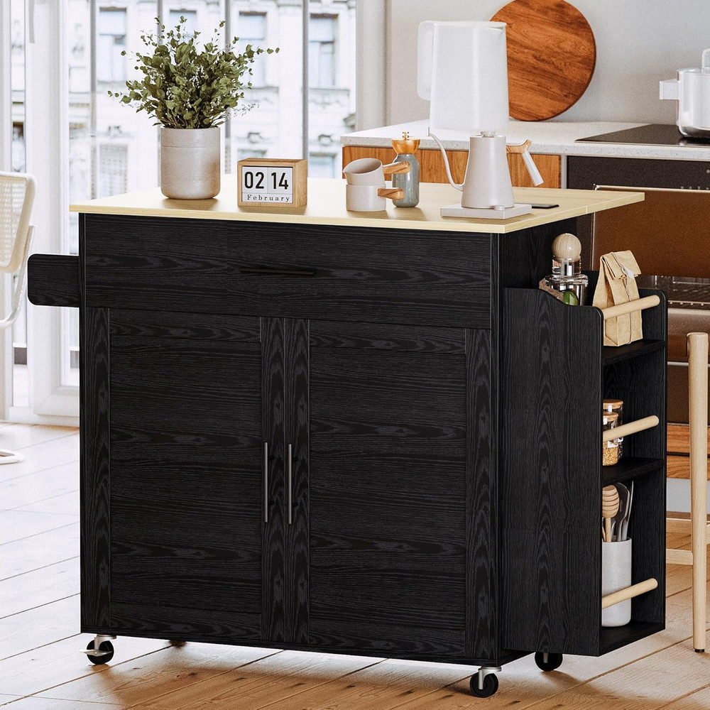 Kitchen Island with Storage, Rolling Kitchen Island on Wheels with Drop Leaf, Ch