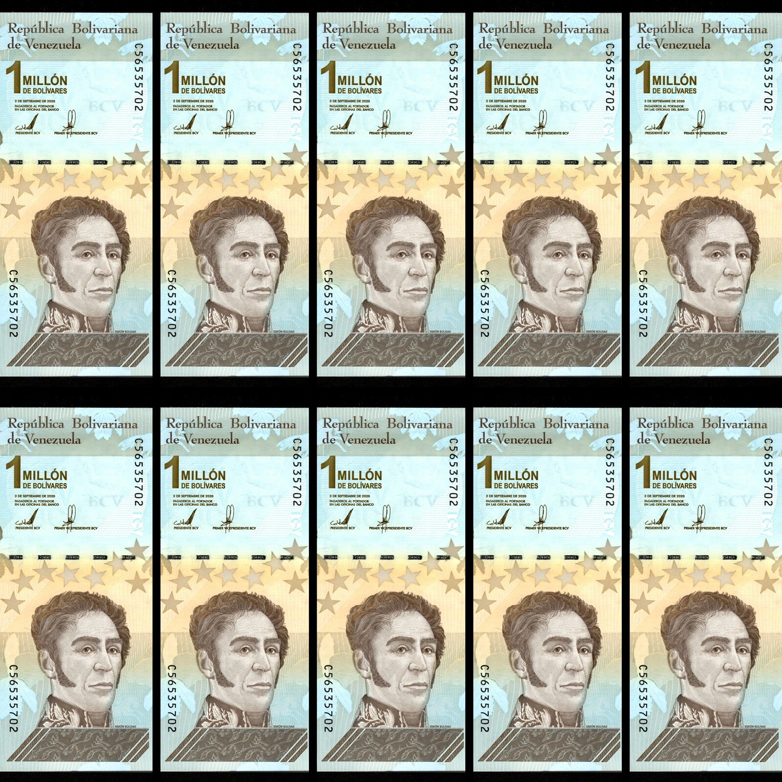Venezuela 1 Million (1,000,000) Bolivar Soberano 2020 UNC X 10 PCS bundle New