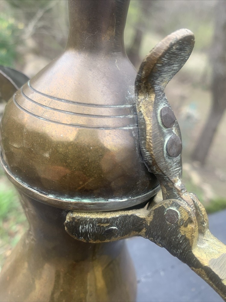 Vintage Handmade DALLAH Arabic Turkish Solid Brass Coffee Pot 10”T, Signed
